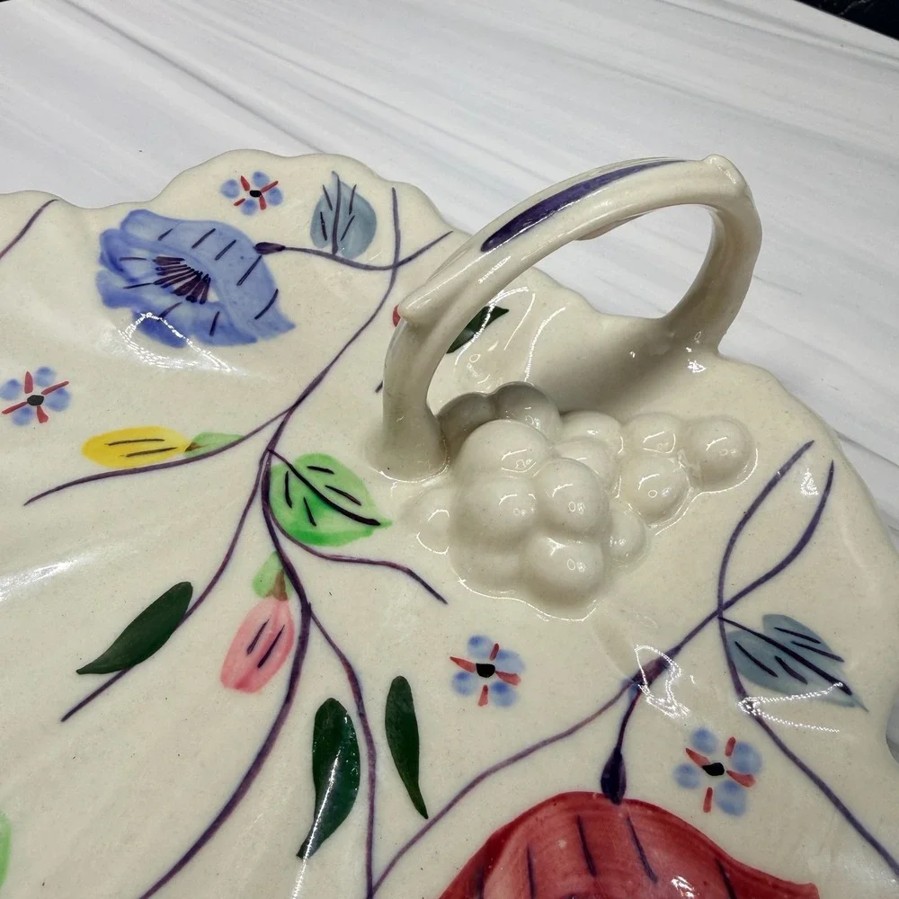 Blue Ridge Southern Potteries Hand Painted Floral Leaf Tray Grape Handle Dish
